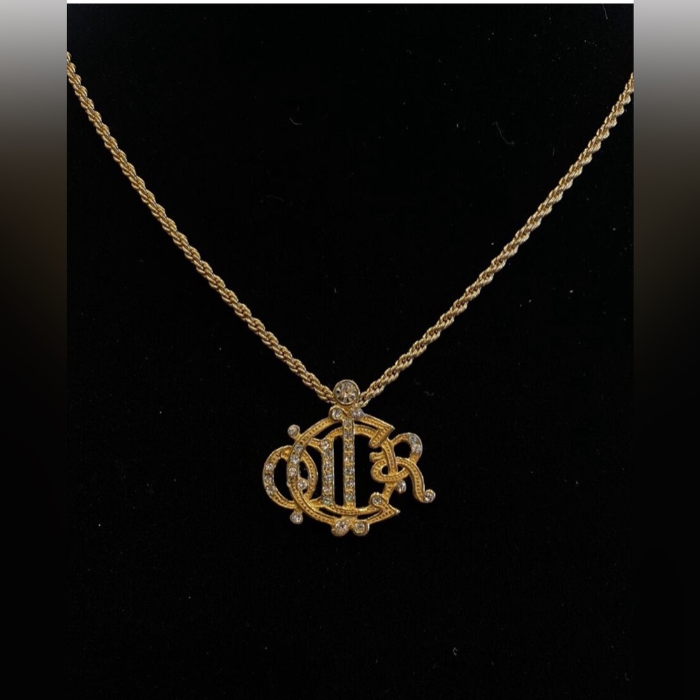 Stunning Vintage Christian Dior Gold Plated Logo Crystal Necklace. Preowned . - Picture 2 of 10